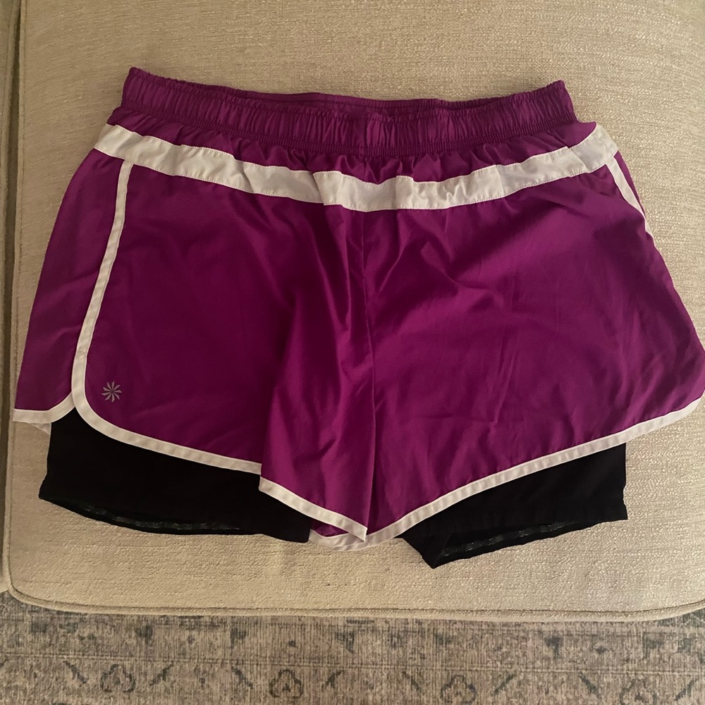 Athleta Purple and White Layered Athletic Shorts with Black Liner